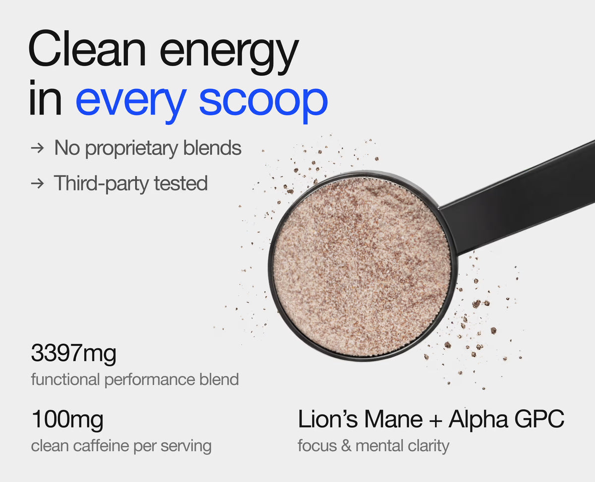 Scoop of functional coffee blend with ingredient highlights