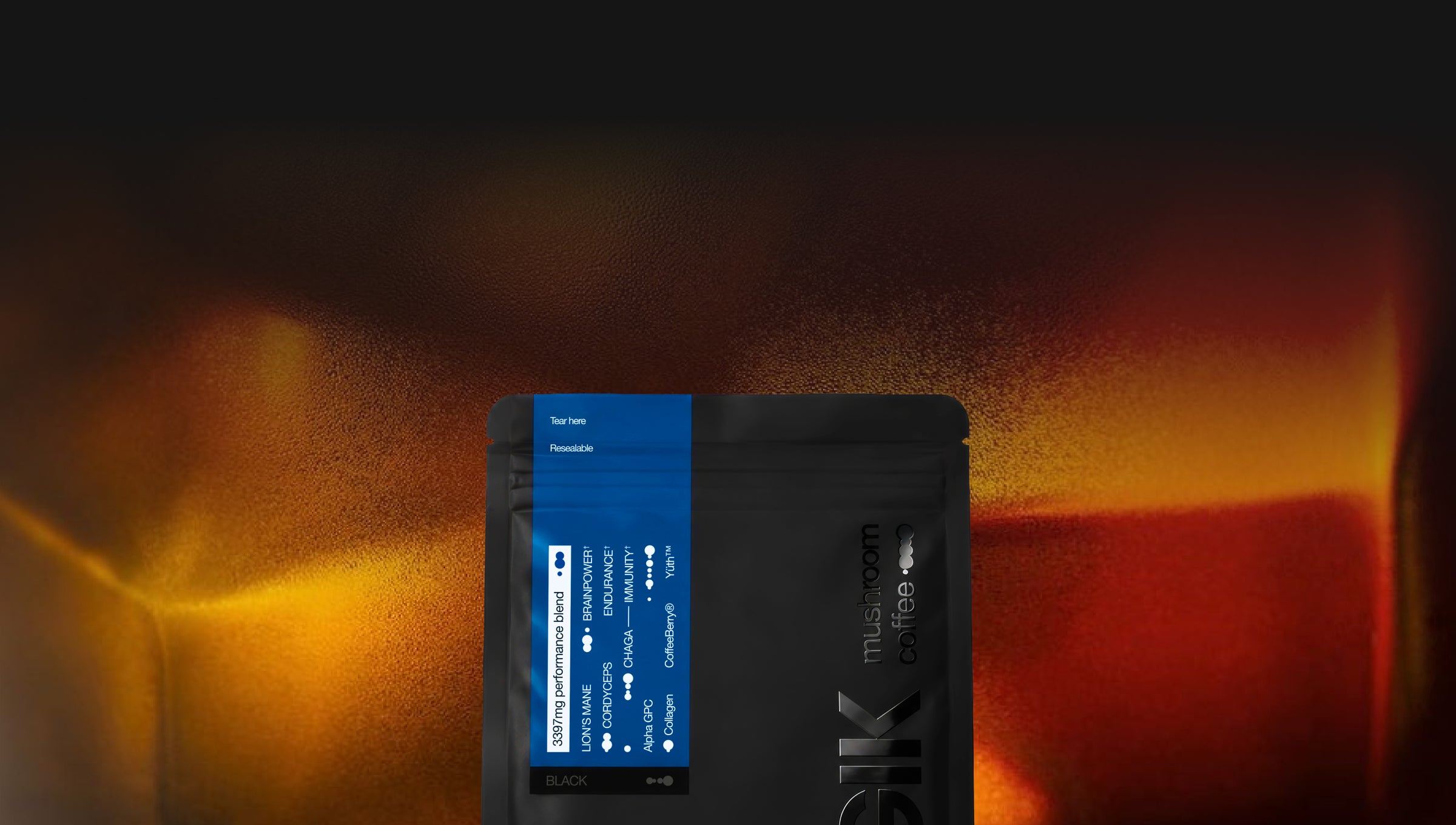 Magik Mushroom Coffee with textured orange and brown background